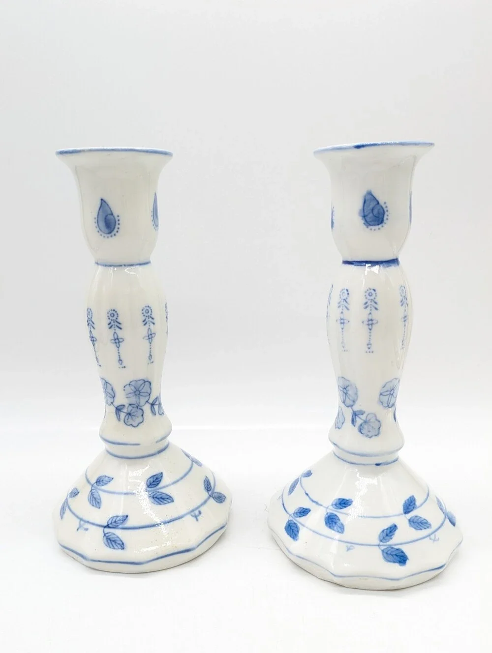 Vintage Wah Yan Blue White Porcelain Floral Candlestick Holders - Set Of 2